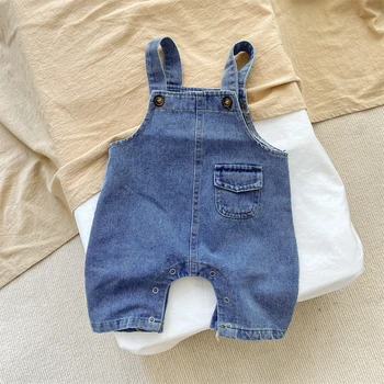 A Primavera E O Outono Recém-Nascido Meninos Suspender Simples Calças De Sólidos Ajustável Jeans Coreano Bonito Moda Macio Casual