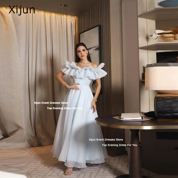Xijun Luz Azul Elegantes Vestidos De Noite Curto Uma Linha De Vestidos De Baile Arábia Arabric Barco Pescoço Vestidos De Festa Formal, Baile, Vestidos De Mulheres
