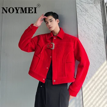 NOYMEI de Veludo Vermelho com Fivela de Moda Jaqueta Estilo coreano Casual Curto paletó Vire para baixo de Gola Único Blazer de Abotoamento Homens WA781