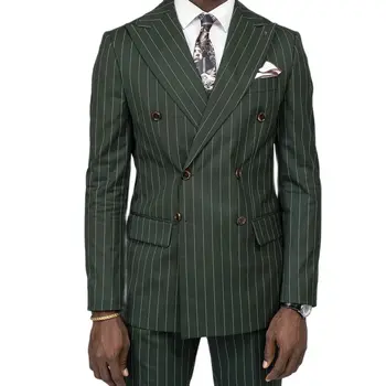 Listras verdes Formal de Terno para os Homens Double Breasted parte 2 Slim Fit Retro Vestuário Masculino Conjuntos para Negócios,Diário Casual,Casamento
