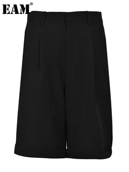 [EAM] Mulheres Preto Branco Bolsos Casual de Perna Larga Shorts Novo Cintura Alta de Ajuste Solto Calças Moda Maré de Primavera Verão 2023 1DF9024