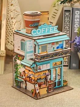Mini Street View Construção do Cabo, Café de Madeira Montado DIY de Indução de Armazenamento do Modelo da Casa do Quebra-cabeça 3D