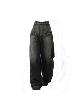Mulheres de Preto Gótico de Cintura Alta Jeans Vintage Oversize 90 Calças Jeans coreano Y2k da década de 2000 Harajuku Grande Perna de Cowboy, Calça de Roupas