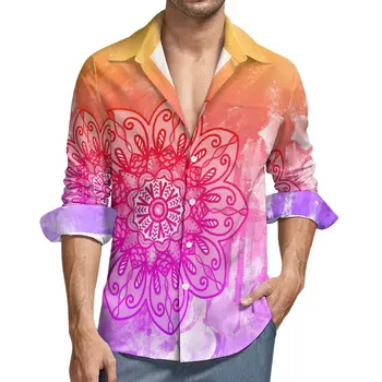 CLOOCL Boho Mandala Casual Camisas de Mens de Púrpura e Ouro, Camisa de Manga Longa de Moda Y2K Blusas Projeto Primavera Tops
