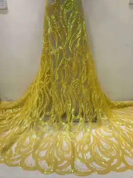 Africana de Alta Qualidade Tecido de Renda 2023 amarelo francês 3D Lantejoulas Tecido Costura de Renda Bordada em Tule Nigéria Tecido 5 Metros