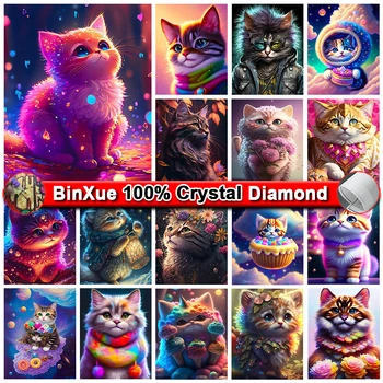 BinXue 5D DIY Coloridas de Animais 100% do Cristal de Diamante Pintura de Flores Gato Cruz Bordado Artesanal Diamond Mosaico de Arte Presente