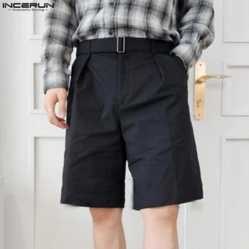 2023 dos Homens de Moda Shorts Sólidas Soltas Estilo coreano de Verão de Streetwear de Perna Larga Shorts Casuais Fundos Com Cinto INCERUN S-5XL