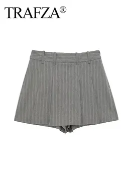TRAFZA de Outono, Moda de Cintura Alta Zíper Lateral Casual Plissado Culters Uma Linha de Mulheres de Shorts de Mulher de Cinza Shorts Saias Y2K