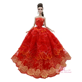 NK 1 Pcs Nobre 1/6 Princesa Vermelho de Meio-comprimento Vestido de Noiva de Renda de Moda Festa de Roupas Para a Boneca Barbie Acessórios Menina Dom de Brinquedo