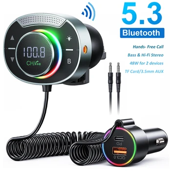 Bluetooth 5.3 FM Carro Transmissor de 3,5 mm AUX Adaptador Leitor de MP3 PD 30W QC 3.0 Carregador Rápido Hi-Fi de Música Placa de Mãos Livres Chamada TF
