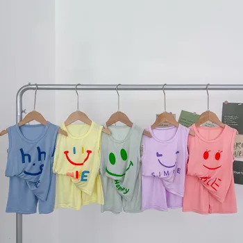 Versão coreana Casual Colete Conjunto 2piece Crianças Roupas de Verão Solto Pijama Roupas de Bebê Menina Tops sem Mangas, Shorts de Terno