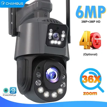 6MP 4G Sim Cartão da Câmera do IP de 30X de Zoom wi-Fi Câmera de Vigilância de Lente Dupla de Dupla Tela PTZ de Segurança do CCTV do Vídeo de Rua Cam Icsee NVR