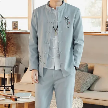 2 Pcs Conjunto de paletó Calças / 2023 Moda masculina Casual Boutique Gola Estilo Chinês de Linho Vestido Blazer Jaqueta Calças