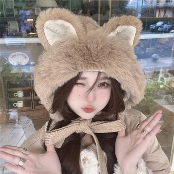 Big Ear Chapéu de Malha de Veludo Quente Malha de Proteção de Ouvido Chapéu Pulôver Chapéu coreano Bonito as Mulheres da Nova cor-de-Rosa de Pelúcia Bola Chapéu de Inverno