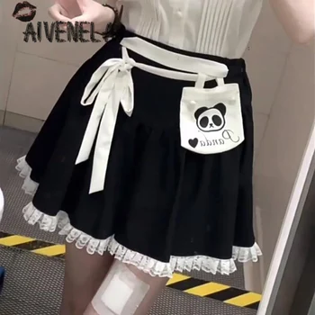 Harajuku Girls Saia de Moda as Mulheres Y2K Panda Bag duplo Mini Laço Saias Plissadas AFC2255