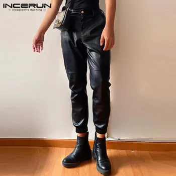 INCERUN Homens de Calças de Sólidos Corredores Botão de Couro PU de Streetwear Calças de Homens 2023 Outono Bolsos Moda Casual Pantalon S-5XL