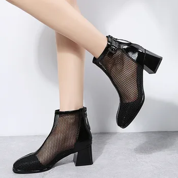 Moda de Malha Respirável Botas de Mulheres 2023 Verão Novo Estilo coreano Ocos Grossas Botas de Salto de Sapatos para Mulheres Zapatos De Mulher