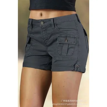 Moda de verão de Cor Sólida Bolso de Costura, Shorts de 2023 das Mulheres Shorts Mulheres Casual Botão Zíper Meados de Cintura Reta Shorts