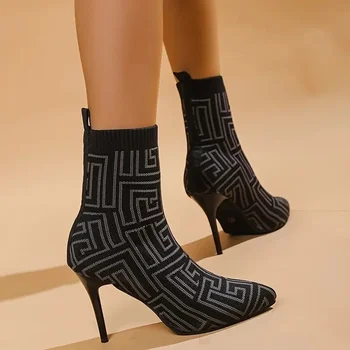 Luxo Marca de Sapatos femininos Elástico Meias Botas, 2023 Outono/inverno Botas Curtas de Pontas Finas Saltos de sapatos de Salto Alto, de Malha, Meias de Lã