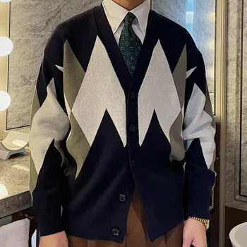Alta Qualidade De Costura Em Contraste Cardigan Homens Blusas Coreano Moda Outono Suéter De Sueter Hombre Los Homens Abrigos