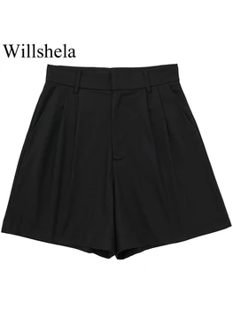 Willshela Mulheres Da Moda Plissado Preto Com Zíper Frontal Mini Shorts Vintage Cintura Alta Fêmea Senhora Chique Shorts