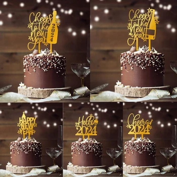 2024 Acrílico Feliz Ano Novo Bolo Toppers de Cupcake Topper Decoração de Festa de Fornecimento de Ferramentas de Cozimento DIY de Ouro Inserir Cheers Olá