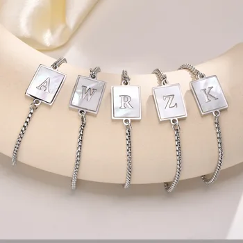 De Aço inoxidável Shell Carta Bracelete para as Mulheres de Aço Quadrado de Cor Pérola Cadeia Pulseira Ajustável Fashion Jóias