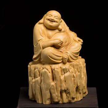 10cm de Madeira Rindo Estátuas de Buda, Decoração de Madeira Artesanato China Feng Shui Maitreya Escultura em Miniatura de Decoração de Casa de Santo Estátua