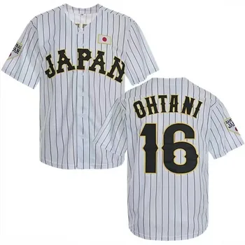 Beisebol Jersey Japão 16 OHTANI Oversize Exterior Sportswear de Costura, Bordado Branco Listras Preto Hip Hop Alta Rua T-Shirts