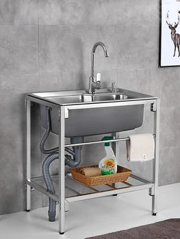 Aço inox lavatório Integrado Bancada de Cozinha em Casa de alojamento Único Tanque de Água com Suporte Móvel Lavatório Vegetal
