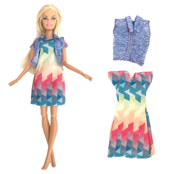 1 Conjunto De Outono Leisure Suit: Azul Sem Mangas De Camisa Jaqueta + Colorido Vestido De Moda Para A Boneca Barbie Acessórios