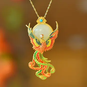 Colorido Esmalte Phoenix Broches para as Mulheres Naturais de Hotan Jade Broche; Pingente Clássico Estilo de Corte de Luxo Broche de Jóias