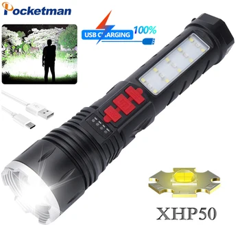 Poderoso XHP50 Lanterna LED Telescópica com Zoom Lanterna Tipo-C USB Recarregável Lanterna Impermeável Tocha com uma campainha de alarme