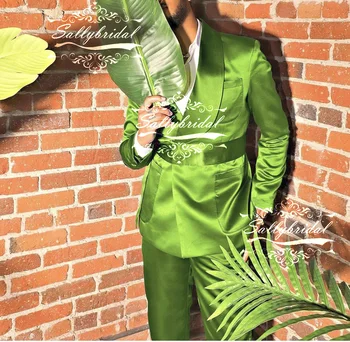 Verde/cor-de-Rosa Blazer Calças Gola Xale Cinto Com 4 Bolsos Grandes Homens Luxo de Casamento de Vestuário Masculino Jantar Desgaste 2pcs Terno