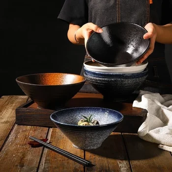 Japonês bacia cerâmica Família grande ramen bowl tigela de Arroz Macarrão de sopa de bacia Criativa louça conjunto Comercial de bambu chapéu tigela