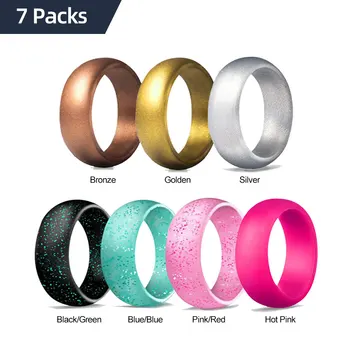 GEEDYN 5.7 mm de largura brilhante anel de silicone para as Mulheres 7 Pack Fino Trançado de Borracha da Banda de Moda Colorido ajuste Confortável, Seguro para a Pele