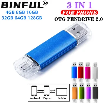 BINFUL Mini 3IN1 Tipo c pen drive de 32GB 64G cle Mirco Telefone 128GB de alta velocidade pendrive 8G, 16G movimentação do flash da memória do usb OTG usb stick