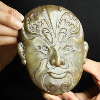 China antiga Natural Jade Mão Esculpida estátua de máscara placa bi w