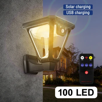 100 LED Luzes Solares Exteriores 3 Modos Solar, Sensor de Movimento Luzes Impermeável Lâmpadas de Parede Paisagem Ilumina-se para o Quintal, Muro do Jardim