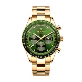 Novo Parnis 40mm Ouro Verde do Cronógrafo de Quartzo Homens Relógio de Aço Inoxidável de Esportes de Relógios de Luxo Para Homens reloj hombre Relógio de Presente
