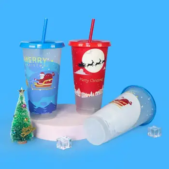 710 ml Reutilizáveis Canudos Copo Com Tampa de Água Potável Garrafas de Água Fria, Mudando de Cor de Copo de Plástico de Café Canecas Copo de Natal