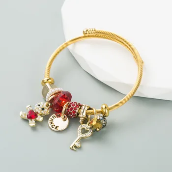 Moda Cristal Vermelho Urso DIY Charme Bracelete Redimensionável Jóias da Cor do Ouro Abrir Pulseira