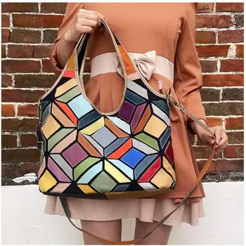 LOMANTINA de Couro de Alta Qualidade Senhoras Casual Colorido Patchwork Design Bolsa Grande Saco de Ombro Feminina Tote Bag Para as Mulheres