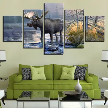 Animais Big Moose pôr do Sol Floresta do Lago de Lona Imprime Pintura, Arte de Parede Decoração Painel 5 HD de Impressão de Fotos de Decoração de Casa Não Enquadrado