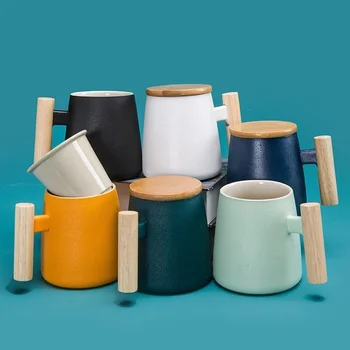 Coloridas de madeira com vidro lidar taça de cerâmica com tampa de chá de separação Caneca família xícara de café de publicidade copa do simples xícara