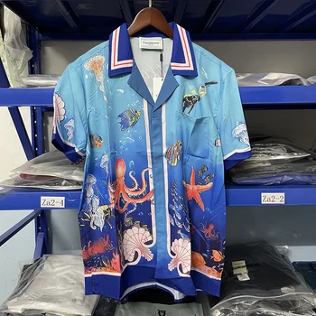 2023ss de Alta Qualidade Casablanca Moda do Oceano Azul Camisas Contton de Alta Qualidade Praia Surfar Camisas Casuais Roupas de Homens