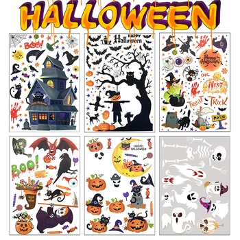 6Pcs Halloween Janela Adesivos de Vidro Removível Se apega Decalques dos desenhos animados de Abóbora Morcego Bruxa Adereços Festa de Decoração