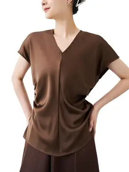 2023 Verão Novo Seda Liso de Cetim com Decote em V da Camisa Raglan Mangas Curtas de Mulheres de Cintura Elástica de Encolhimento Camisa Slim