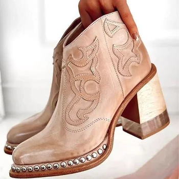 BCEBYL 2023 Outono Inverno Grosso Calcanhar Apontado Toe Botas femininas Britânico Bordado Sapatos femininos da Moda de forma Simples Bombas