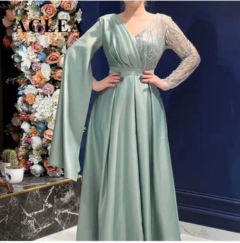 AGLEA 2023 Verde Vestido de Noite para a Festa de Casamento Vestidos de Chiffon Frisada com Mangas Longas Pregas de Uma Linha Elegante árabe Vestidos de Baile